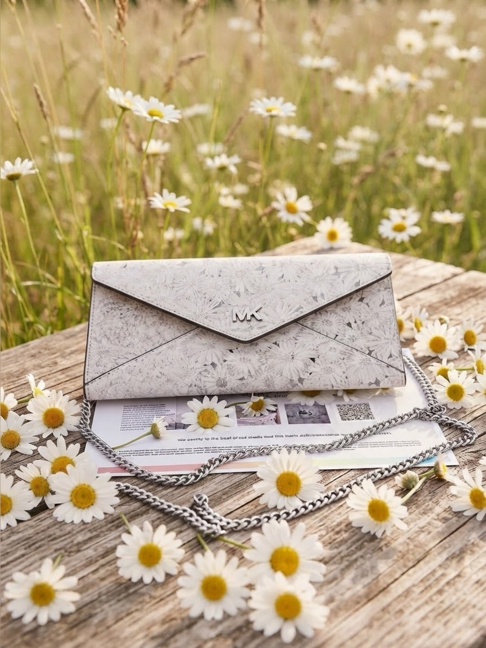 Michael Kors Silver & White Floral Barbara Clutch with Silver Chain